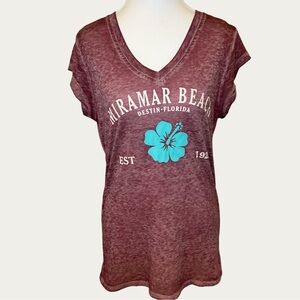 Exist Destin Beach Maroon V-Neck Tee with Blue Floral Graphic Size Medium
